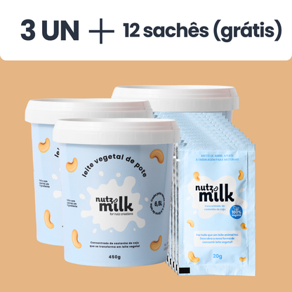 Kit 3 Unidades: Leite Vegetal NutzMilk® 19,5L - Concentrado de Castanha de Caju + 12 sachês (grátis)