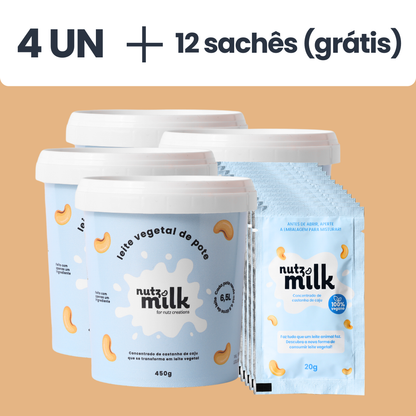 Kit 4 Unidades: Leite Vegetal NutzMilk® 26L - Concentrado de Castanha de Caju +12  sachês (grátis)